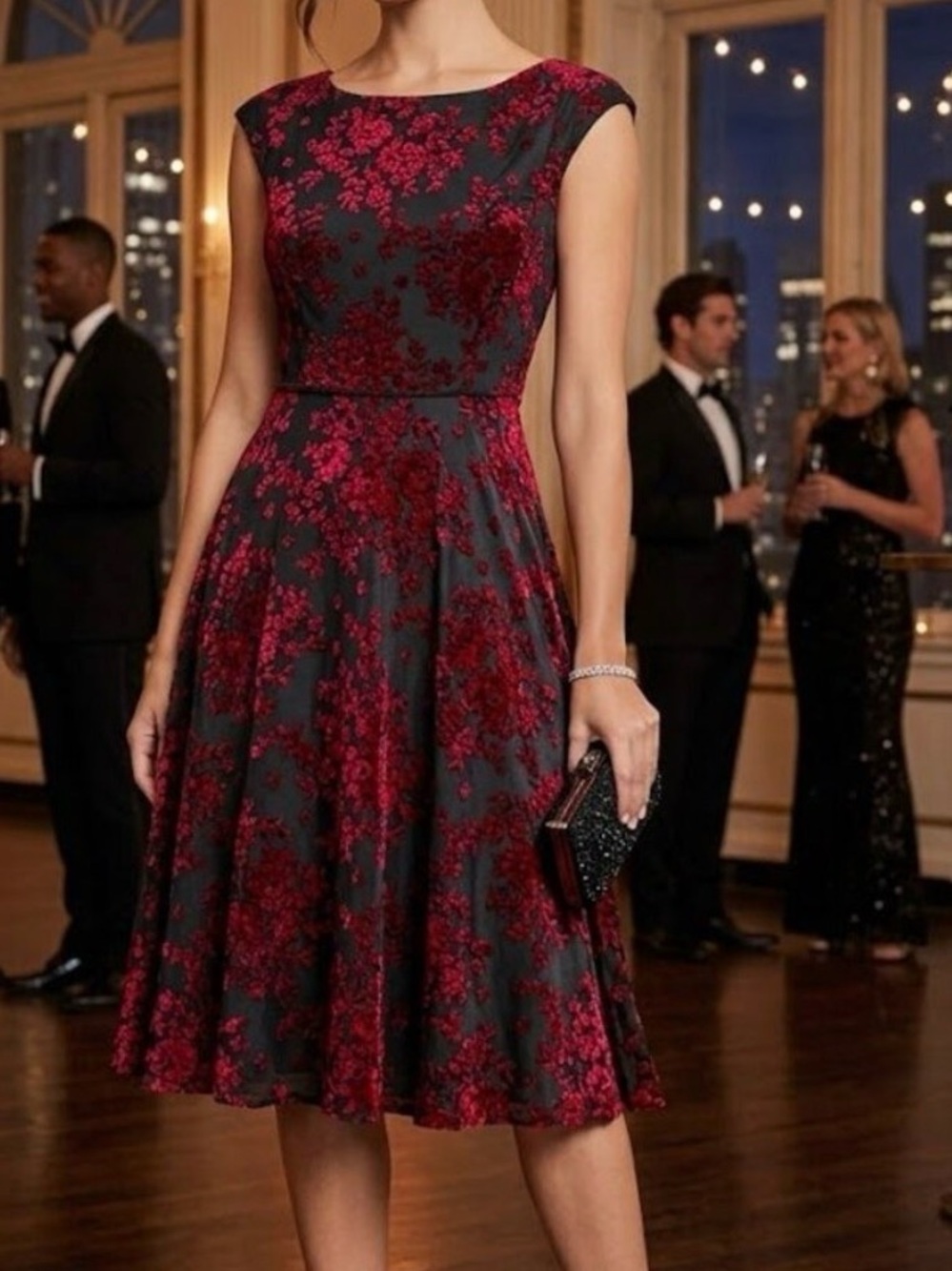 Tahari Black Midi Dress with Red Floral Jacquard